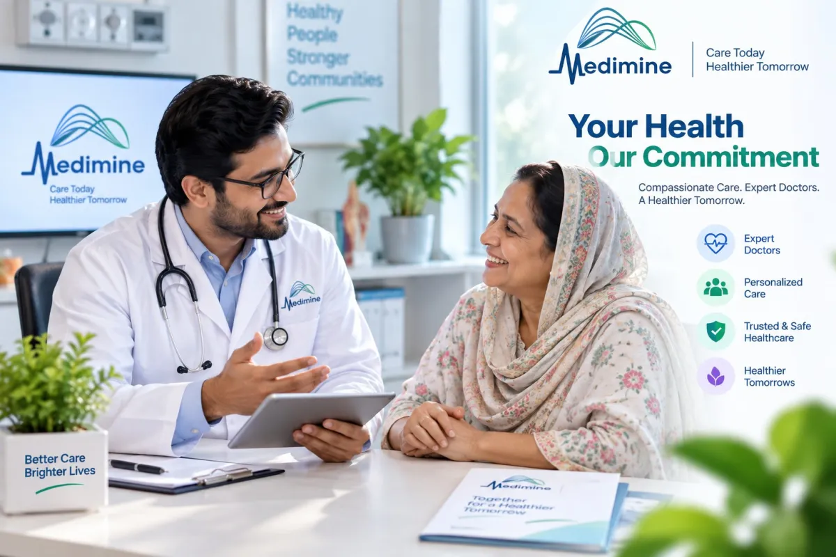 Medimine: Your Health, Our Commitment. Healthcare artwork showing a doctor speaking with a patient.