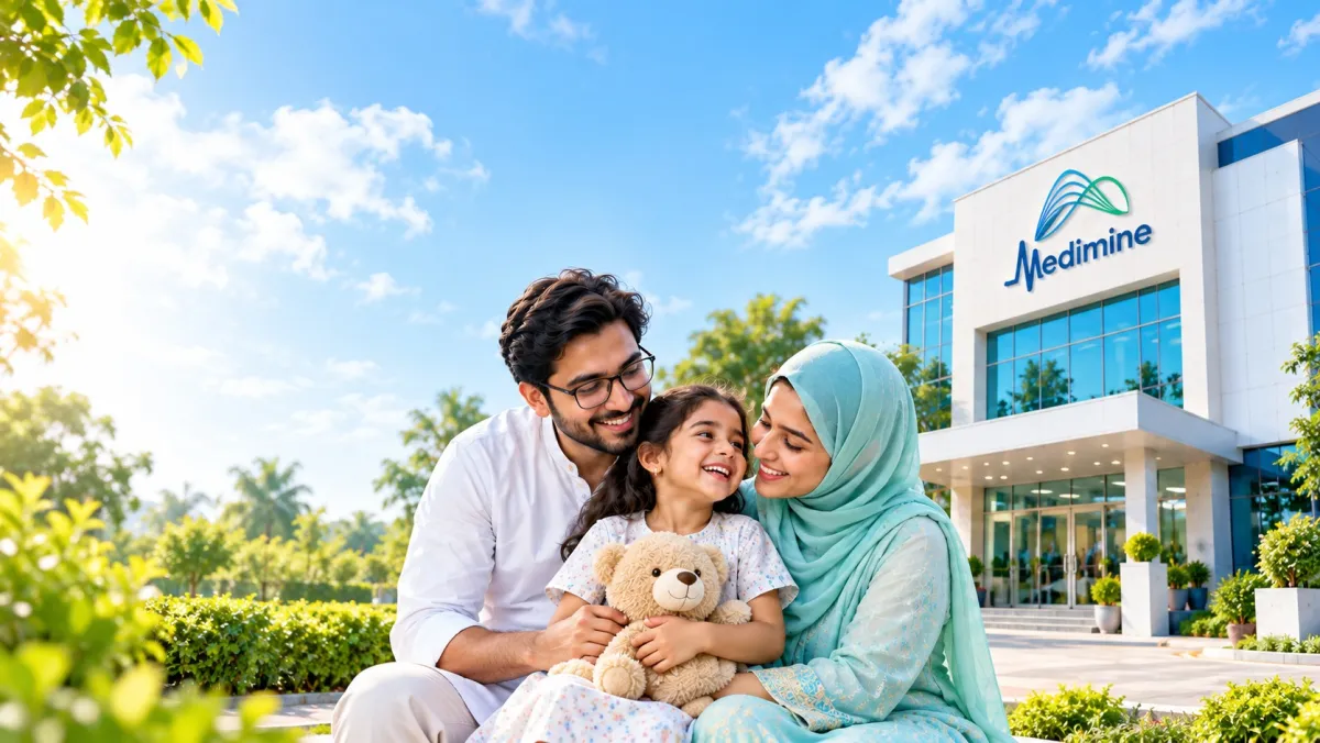 Illustrative concept of a family outside a Medimine clinic